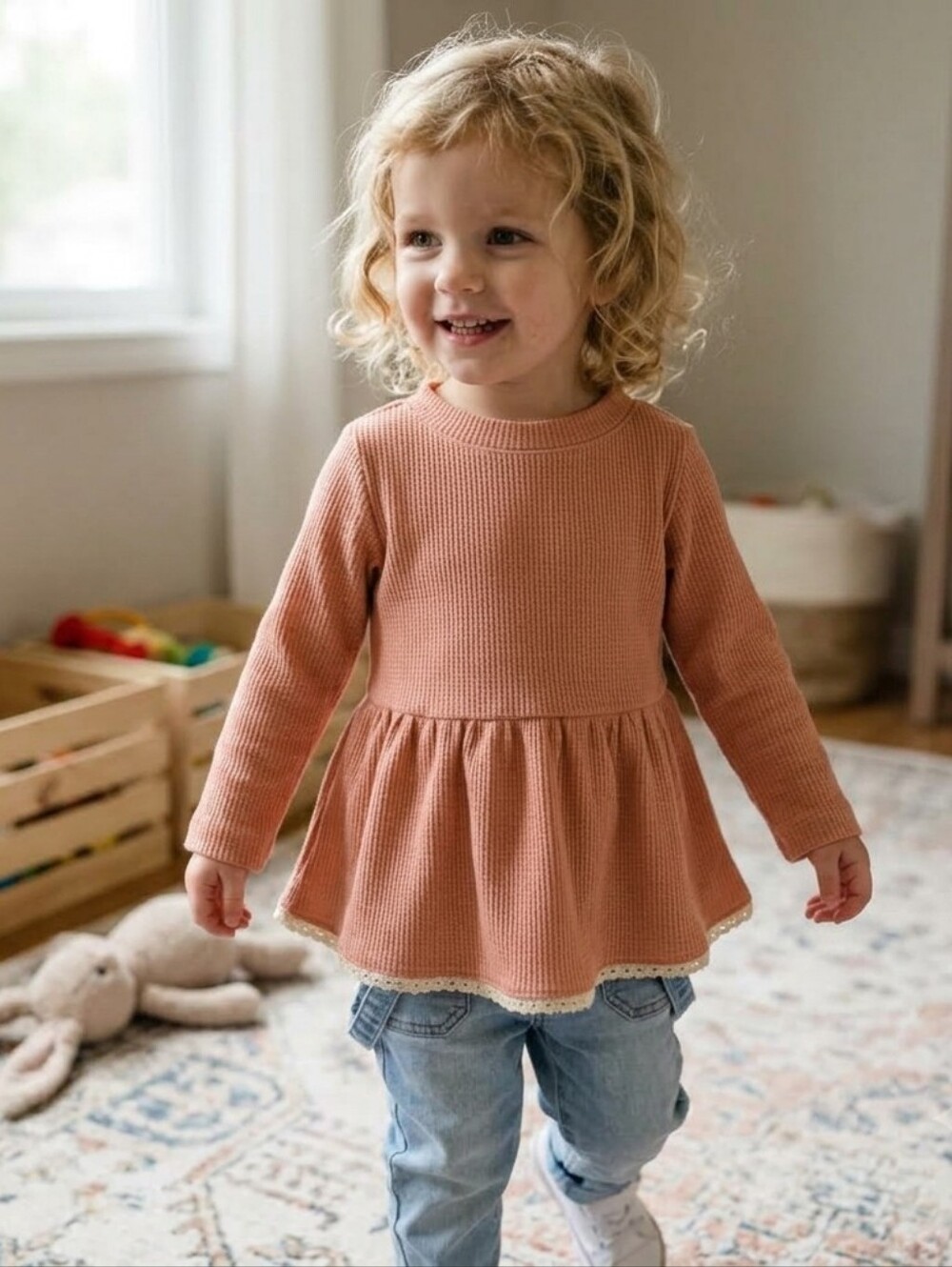 Boho Toddler Girl Waffle Knit Peplum Pink Tunic Soft Sweater Crochet Hem Sz 3-4Y